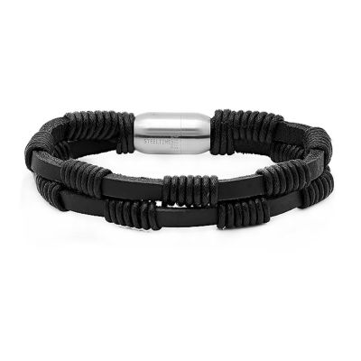 Men's Crucible Stainless Steel Black Leather Wrap Bracelet : Target