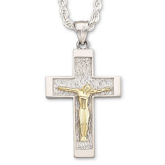 Mens Sterling SIlver & 18K Gold Over Silver Crucifix Cross Pendant Necklace