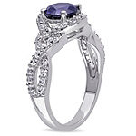 Modern Bride Gemstone Womens Lab Created Blue Sapphire Sterling Silver Round Halo Engagement Ring