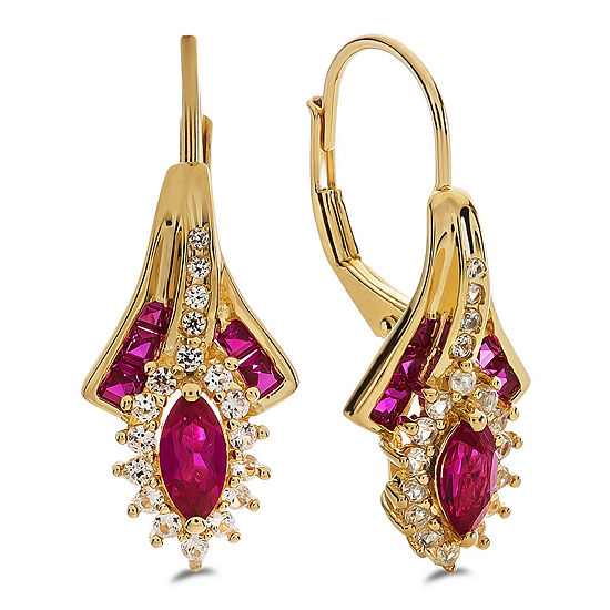 Lab Created Red Ruby 14K Gold Over Silver Drop Earrings