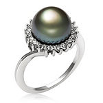 Womens 9.5M Black Cultured Tahitian Pearl Sterling Silver Cocktail Ring