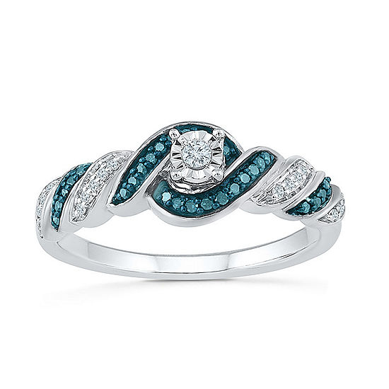 Promise My Love Womens 1/6 CT. T.W. Genuine Blue Diamond Sterling Silver Round Side Stone Promise Ring