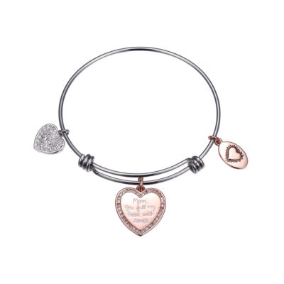 Footnotes Mom Womens Cubic Zirconia Stainless Steel Heart Bangle