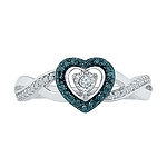 Promise My Love Womens 1/6 CT. T.W. Genuine Blue Diamond Sterling Silver Heart Crossover Promise Ring