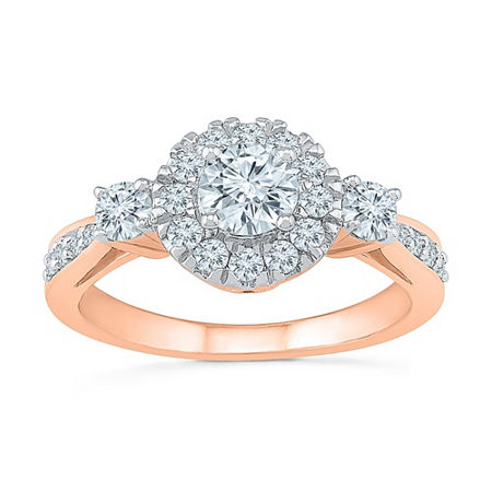 Promise My Love Womens 1 CT. T.W. Natural White Diamond 10K Rose Gold Round 3-Stone Halo Engagement Ring, 4, Rose