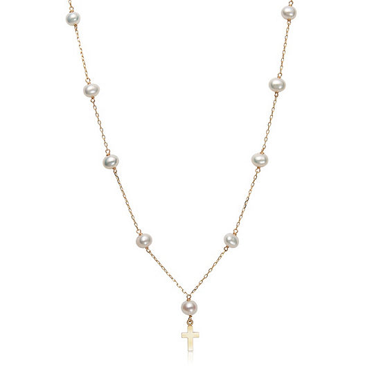 Womens White Cultured Freshwater Pearl 14K Gold Cross Pendant Necklace
