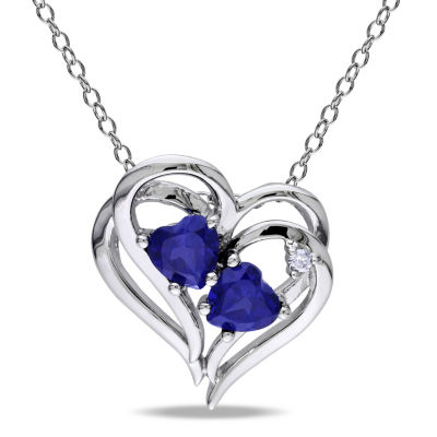 Womens Diamond Accent Lab Created Blue Sapphire Sterling Silver Heart 18 Inch Pendant Necklace