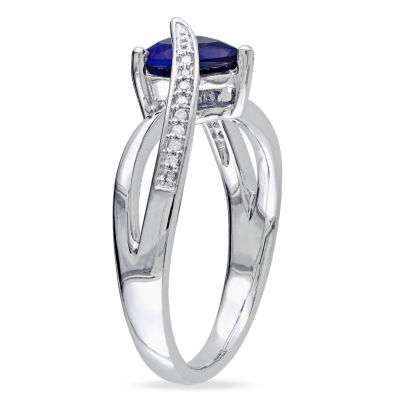 Womens Diamond Accent Lab Created Blue Sapphire Sterling Silver Heart Cocktail Ring