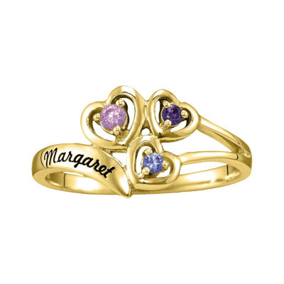 Personalized Womens Genuine 14K Gold Heart 3-Stone Cocktail Ring