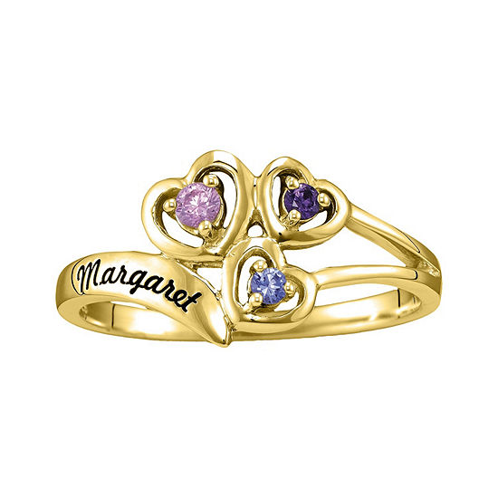 Womens Genuine Multi Color Stone 14K Gold Heart 3-Stone Cocktail Ring