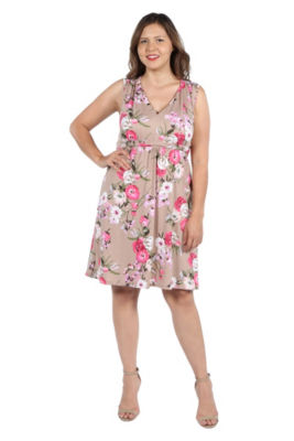 24Seven Comfort Apparel Lauren Brown and Pink Floral Empire Waist Dress