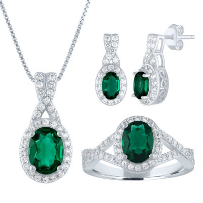 Lab Created Green Emerald Sterling Silver Jewelry Set