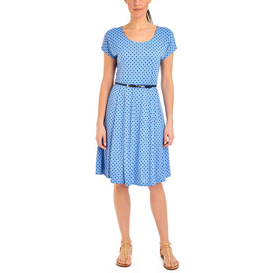 NY Collection Polka Dot Dress with Contrasting Belt - Petites