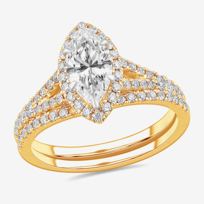 Womens 1 1/2 CT. T.W. Lab Grown White Diamond 14K Gold Marquise Side Stone Halo Bridal Set