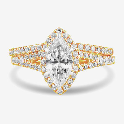 Womens 1 1/2 CT. T.W. Lab Grown White Diamond 14K Gold Marquise Side Stone Halo Bridal Set