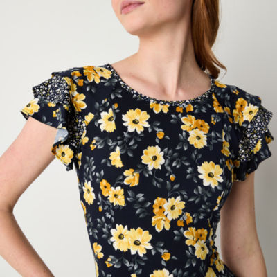 Perceptions Short Sleeve Floral Fit + Flare Dress