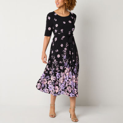 Black Label by Evan-Picone Womens Short Sleeve Floral Midi Fit + Flare Dress