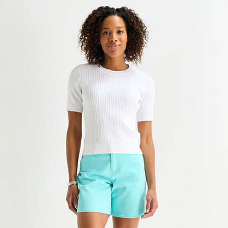 St. John's Bay Womens Crew Neck Short Sleeve Cable Knit Pullover Sweater