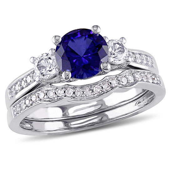 Lab Created Blue Sapphire & 1/7 CT. T.W. Diamond 10K White Gold Bridal Set