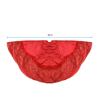 60'' Red Velvet Damask Sequin Embroidered Poinsettia Trimmed Scalloped Edge Christmas Tree Skirt