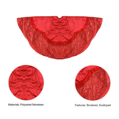 60'' Red Velvet Damask Sequin Embroidered Poinsettia Trimmed Scalloped Edge Christmas Tree Skirt