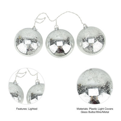 Set of 3 Lighted Silver Mercury Glass Finish Ball Christmas Ornaments - Clear Lights