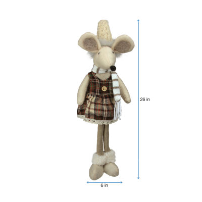 21'' Beige and Brown Standing Girl Mouse in Plaid Dress Christmas Tabletop Figure