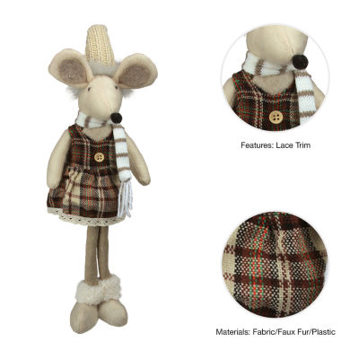 21'' Beige and Brown Standing Girl Mouse in Plaid Dress Christmas Tabletop Figure