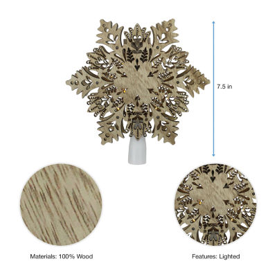 8.5'' Lighted Brown Wooden Snowflake Christmas Tree Topper - Clear Lights