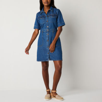 a.n.a Short Sleeve Denim Shirt Dress, Color: Med Coast - JCPenney