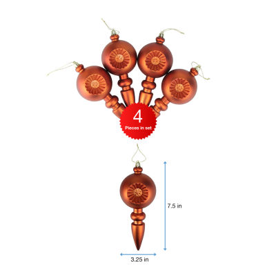 4ct Orange Retro Reflector Shatterproof Matte Christmas Finial Ornaments 7.5"