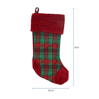 19'' Christmas Traditions Red  Green and Gold  Woven Plaid and Velvet Stocking