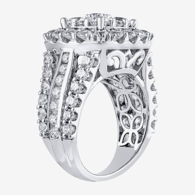 (G/Si2) Womens 4 CT. T.W. Lab Grown White Diamond 10K Gold Cushion Halo Side Stone Cocktail Ring