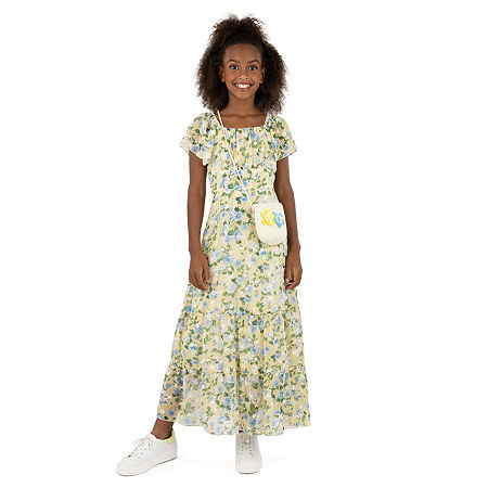 Speechless Big Girls Short Sleeve Flutter Sleeve Floral Maxi Dress, 16, Yellow