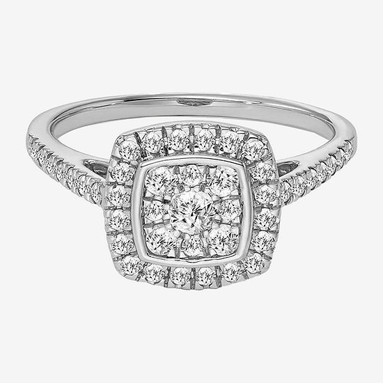 Womens 1/2 CT. T.W. Genuine White Diamond 10K White Gold Cushion Side Stone Halo Engagement Ring