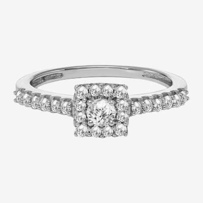 Womens 1/2 CT. Natural White Diamond 10K White Gold Cushion Halo Engagement Ring
