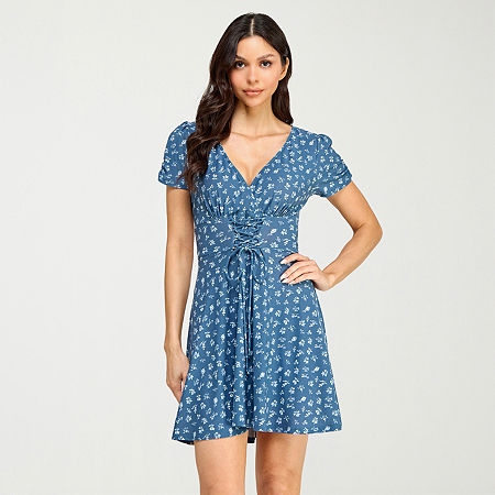 City Triangle Womens Juniors V Neck Short Sleeve Cap Fit + Flare Dress