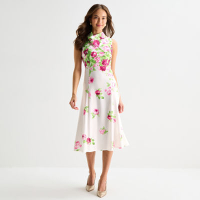 Perceptions Womens Sleeveless Floral Midi Fit + Flare Dress