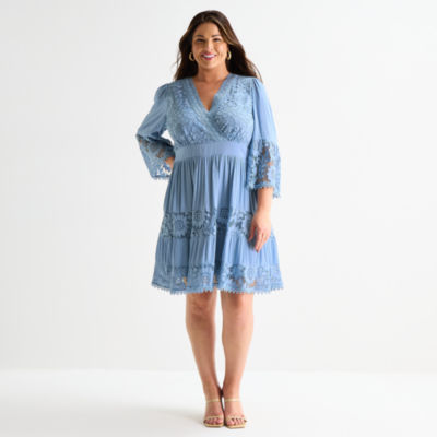 Isabel & Nina Womens Plus V Neck 3/4 Sleeve Bell Fit + Flare Dress, Color:  Chambray - JCPenney