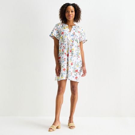 St. John's Bay Womens Short Sleeve Floral Sheath Dress, Petite X-large, White