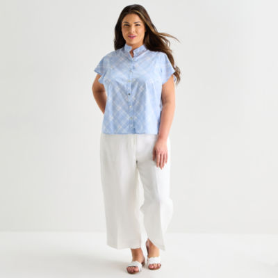 Liz Claiborne Womens Split Crew Neck Short Sleeve Blouse