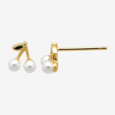 Itsy Bitsy Simulated Pearl 14K Gold Over Silver 6.7mm Cherries Stud Earrings