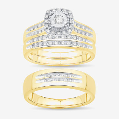 Unisex Adult 1/2 CT. T.W. Natural White Diamond 10K Gold Cushion Halo Side Stone Ring Set