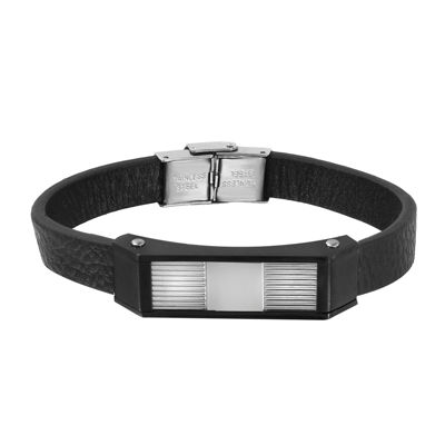 Mens Two-Tone Stainless Steel Leather Bracelet