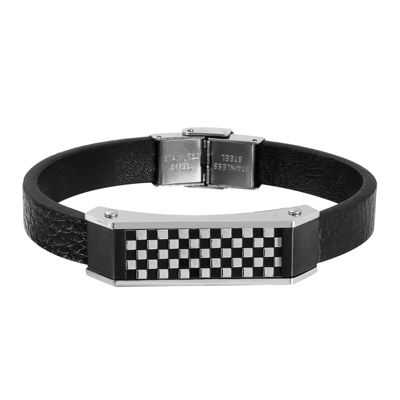 Mens Two-Tone Stainless Steel Leather Bracelet