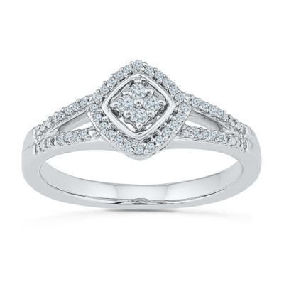 Promise My Love Womens 1/6 CT. T.W. Natural White Diamond Sterling Silver Cushion Side Stone Halo Promise Ring