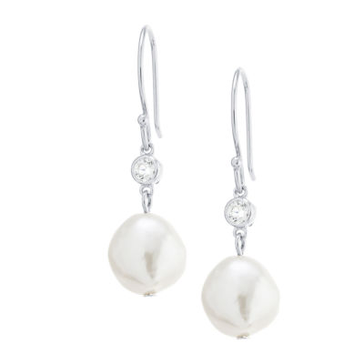 Silver Treasures Womens Cubic Zirconia Cultured Freshwater Pearl Sterling Silver Drop Earrings
