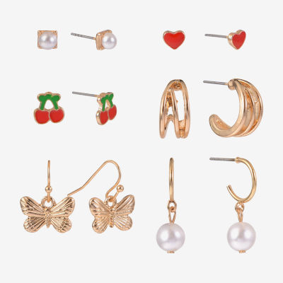 Arizona Gold Tone Butterfly Cherries Heart 6 Pair Earring Set
