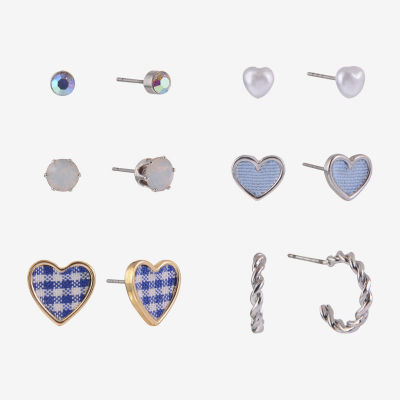 Arizona Blue Gingham Silver Tone Heart 6 Pair Earring Set
