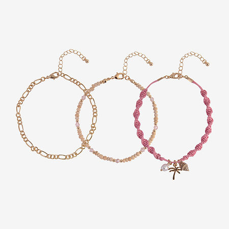 Arizona Pink Palm Tree & Shell Womens Gold Tone 9 Inch Figaro Flower Ankle Bracelet
